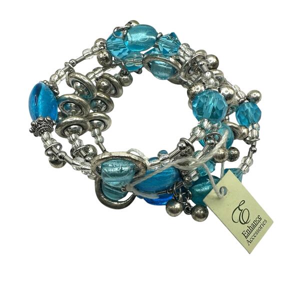 NWT Enhance Accessories Beaded Wrap Bracelet Blue Silver Summer Beach Beads - Picture 1 of 9